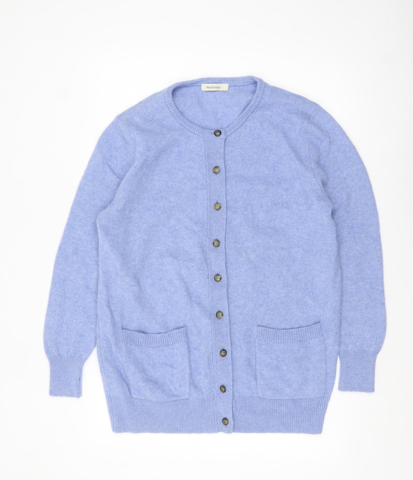Woolovers Womens Blue Lambswool Crew Neck Long Sleeve Cardigan L