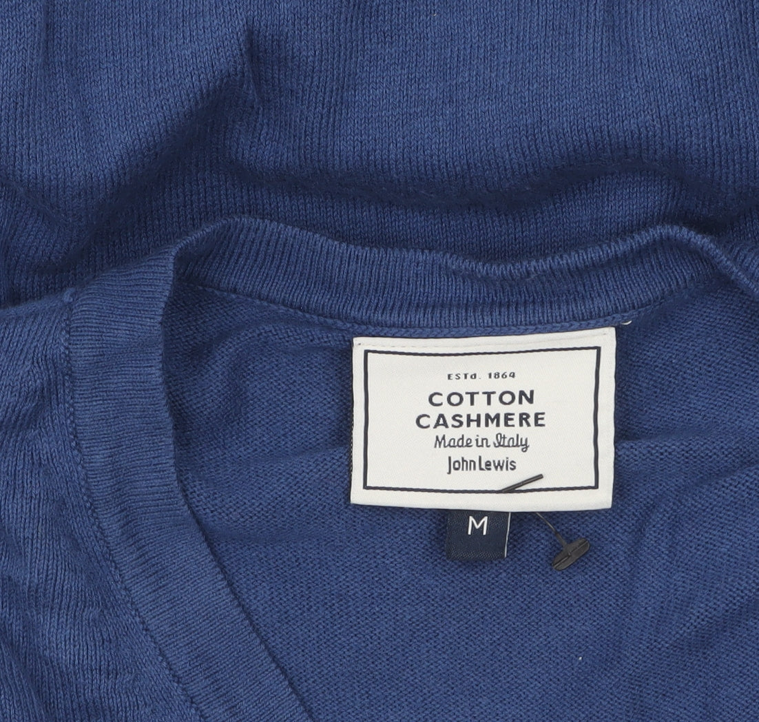 John Lewis Men's Blue V-Neck Cotton Cashmere Jumper Size M