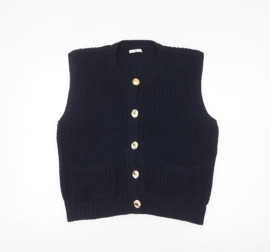 Tu Women's Navy Knitted Button Vest Cardigan Size 12 Cotton Blend