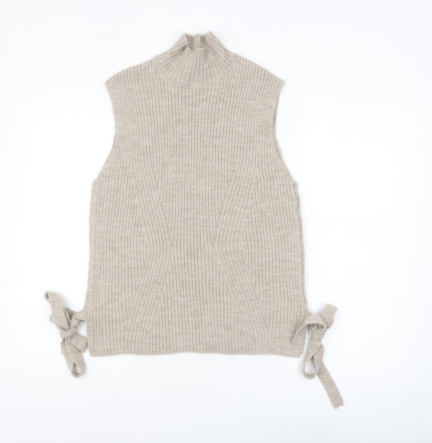 Lipsy London Women Beige Sleeveless Mock Neck Knit Tie Side Vest Jumper Size 10