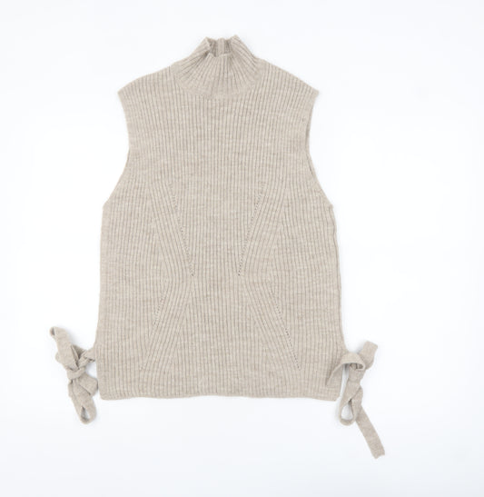 Lipsy London Women Beige Sleeveless Mock Neck Knit Tie Side Vest Jumper Size 10