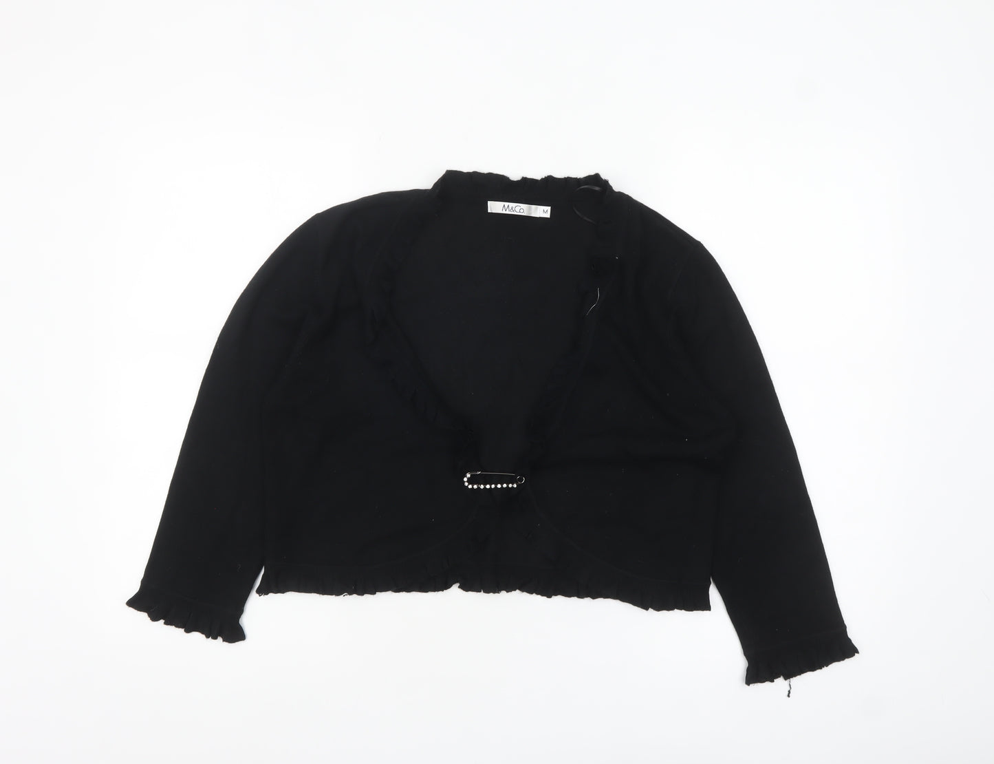 M&Co Women’s Black Ruffle Trim Cardigan Size M Long Sleeve