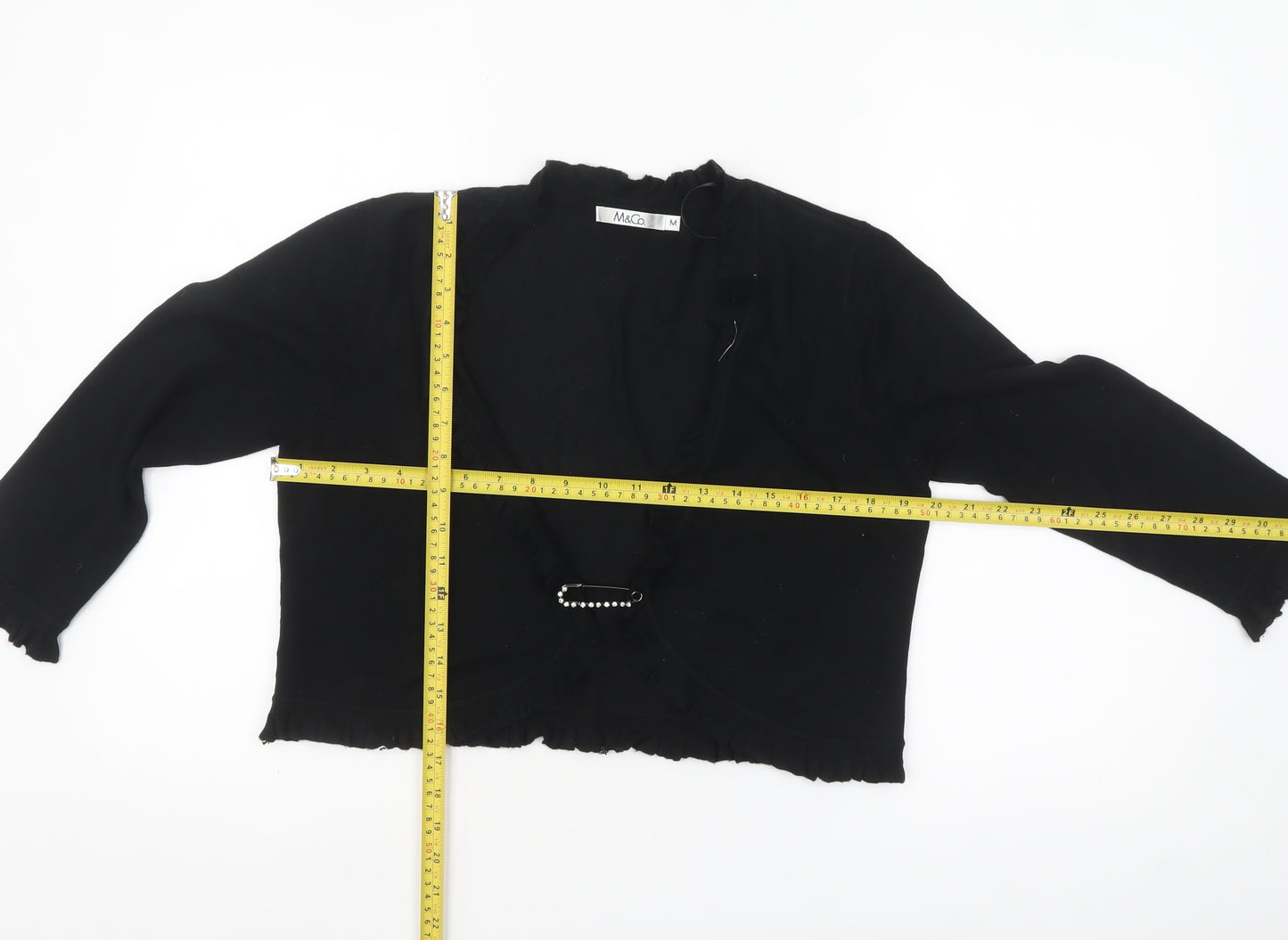 M&Co Women’s Black Ruffle Trim Cardigan Size M Long Sleeve