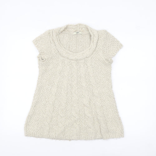 Oasis Women Beige Chunky Knit Cowl Neck Short Sleeve Jumper L