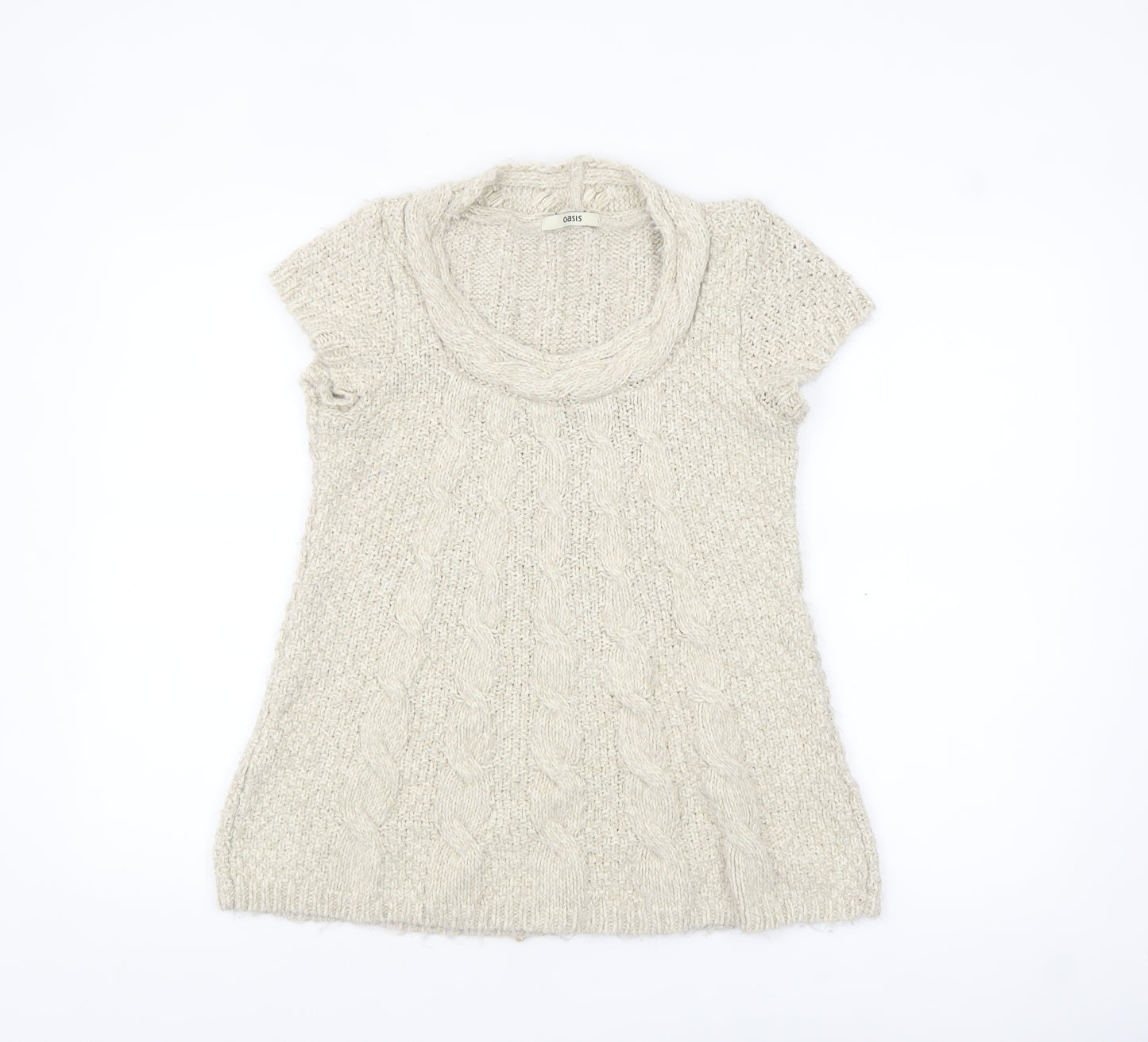 Oasis Women Beige Chunky Knit Cowl Neck Short Sleeve Jumper L