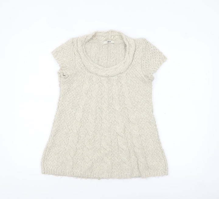 Oasis Women Beige Chunky Knit Cowl Neck Short Sleeve Jumper L