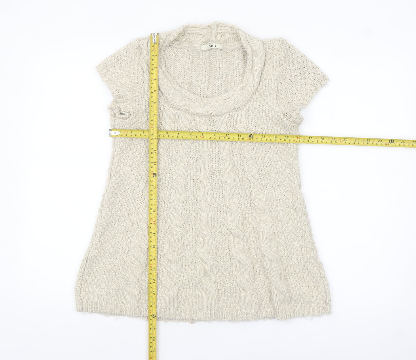 Oasis Women Beige Chunky Knit Cowl Neck Short Sleeve Jumper L