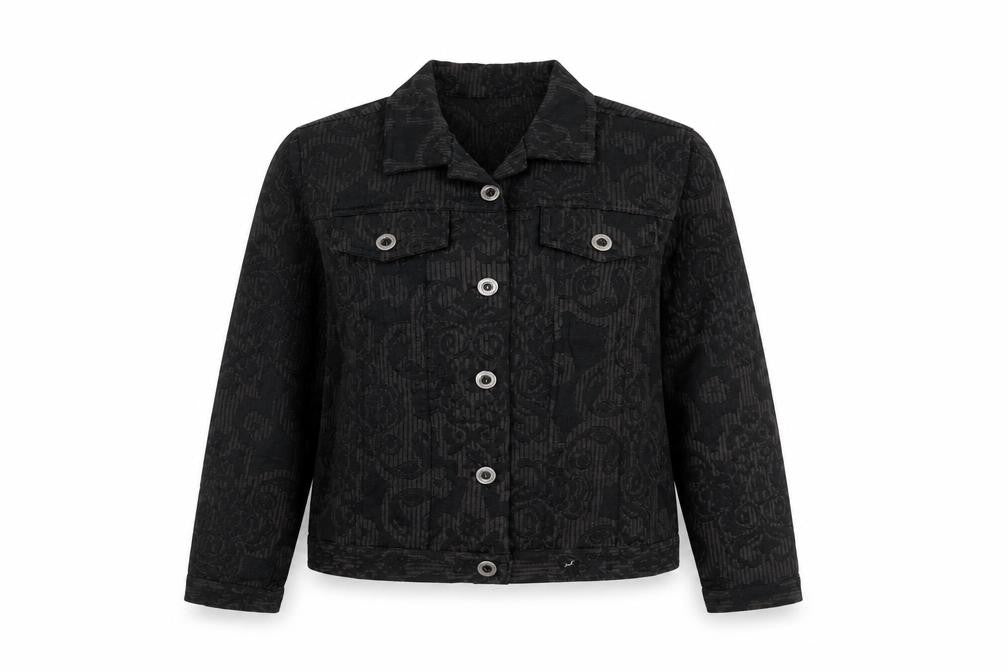 Front view of Christopher & Banks Women's Black Jacquard Button-Up Jacket, size M