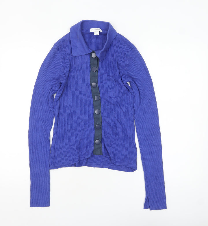 Warehouse Women Blue Collared Long Sleeve Button Cardigan M