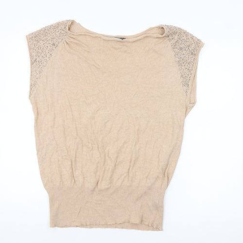 Mint Velvet Womens Beige Beaded Cap Sleeve Pullover Jumper Size 14