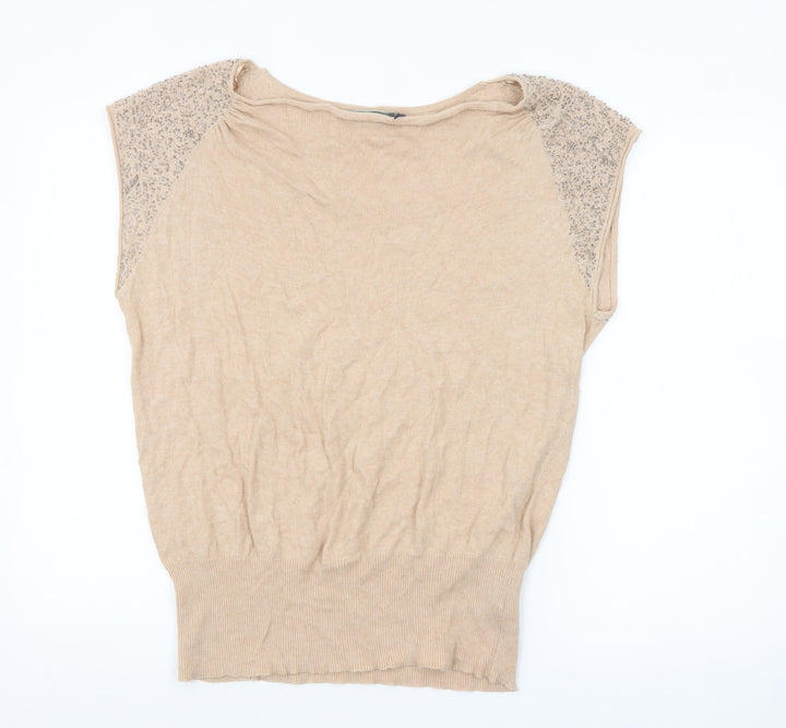 Mint Velvet Womens Beige Beaded Cap Sleeve Pullover Jumper Size 14