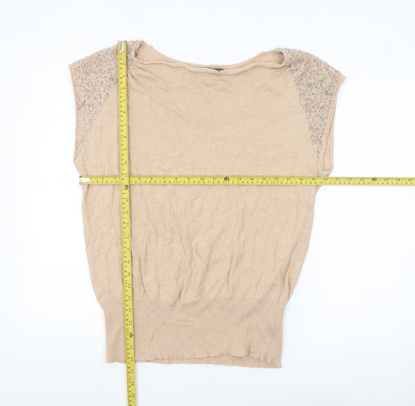 Mint Velvet Womens Beige Beaded Cap Sleeve Pullover Jumper Size 14