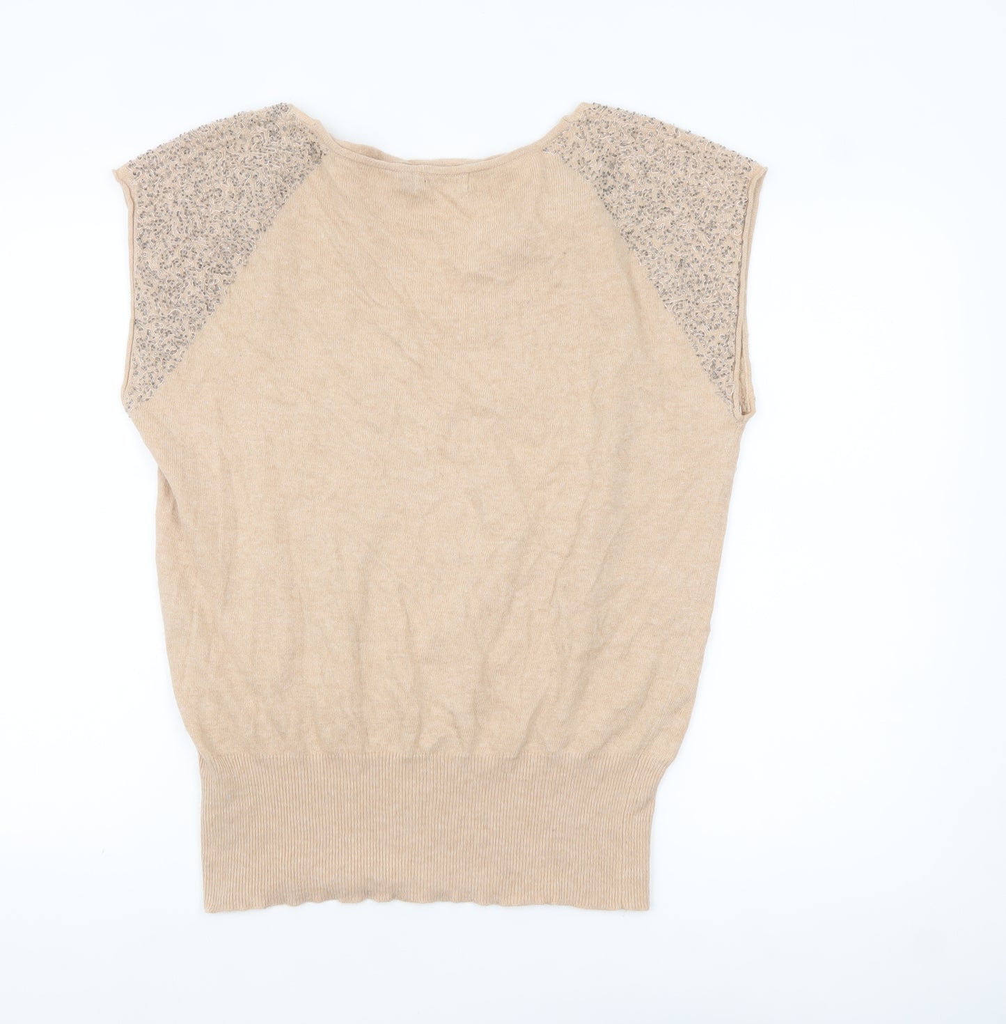 Mint Velvet Womens Beige Beaded Cap Sleeve Pullover Jumper Size 14
