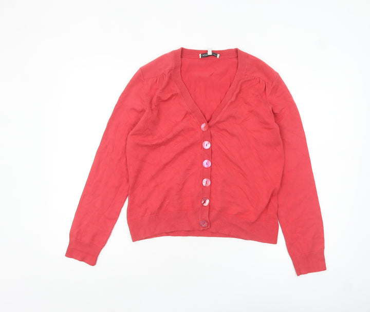 Laura Ashley Women Red V-Neck Long Sleeve Cardigan UK 14