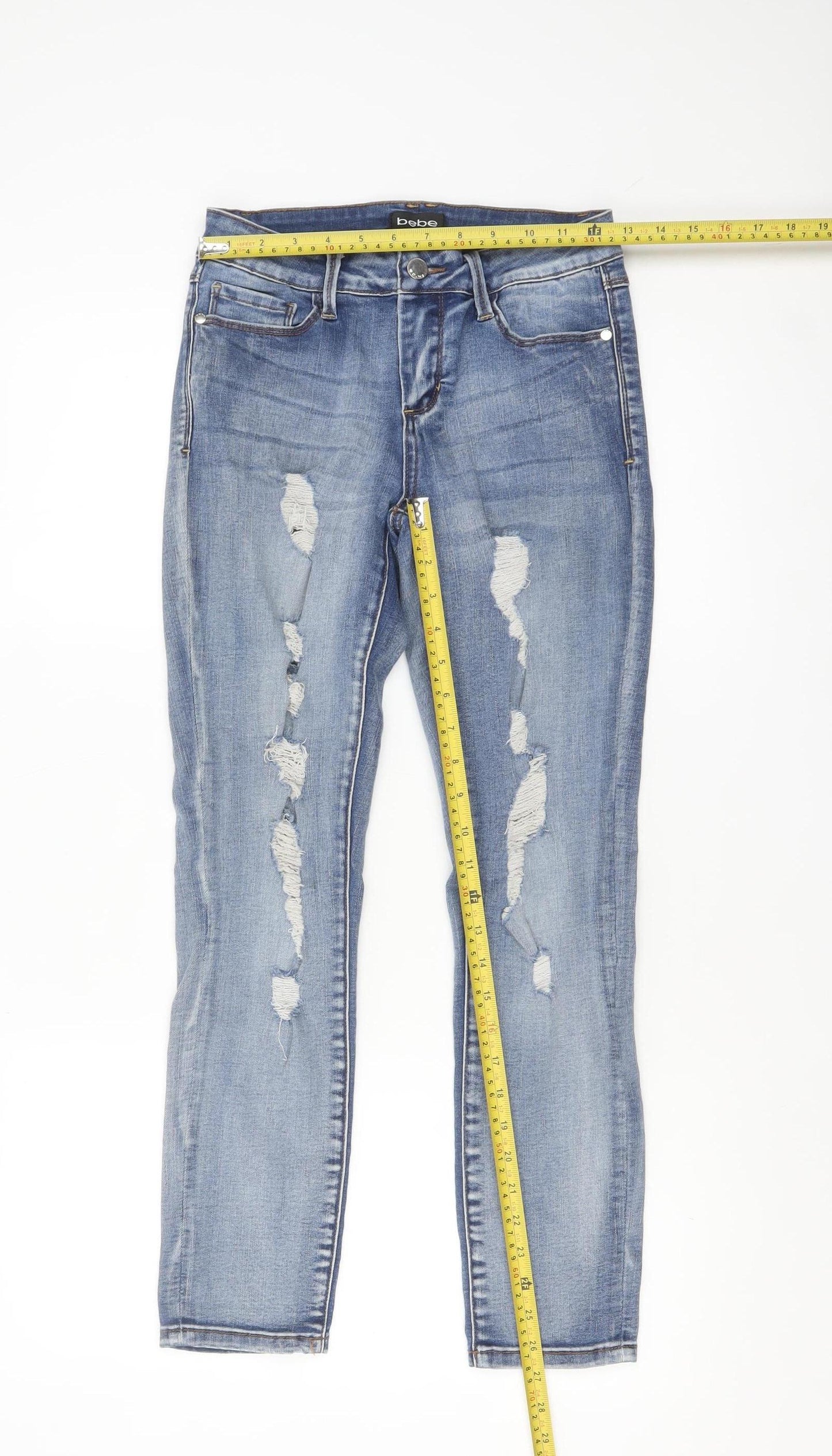 bebe Womens Blue Distressed Skinny Jeans Size 27 Mid Rise Denim