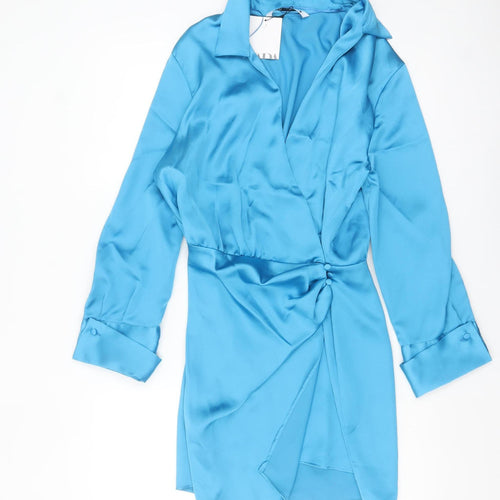 ZARA Women Blue Collared Satin Wrap Short Dress Size 16
