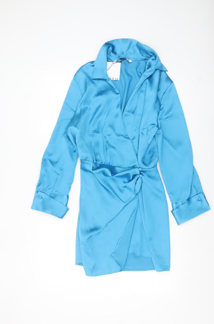 ZARA Women Blue Collared Satin Wrap Short Dress Size 16