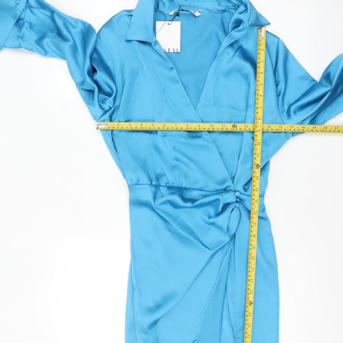 ZARA Women Blue Collared Satin Wrap Short Dress Size 16