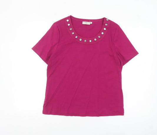 CC Women Pink Beaded Scoop Neck Cotton T-Shirt Size L