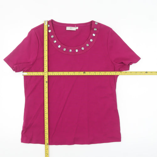 CC Women Pink Beaded Scoop Neck Cotton T-Shirt Size L