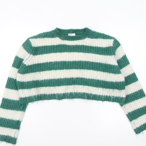 Bershka Women Green White Striped Chunky Knit Cropped Jumper Size 12