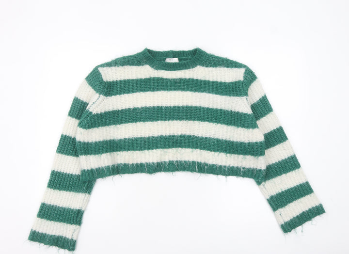 Bershka Women Green White Striped Chunky Knit Cropped Jumper Size 12