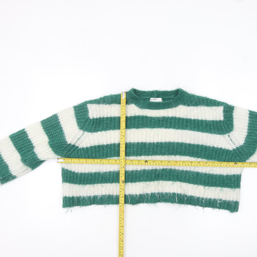 Bershka Women Green White Striped Chunky Knit Cropped Jumper Size 12