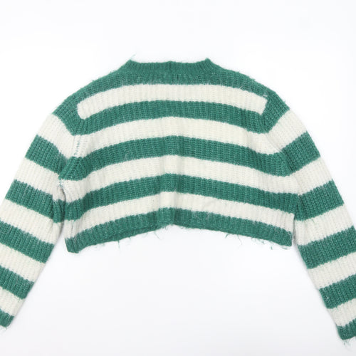 Bershka Women Green White Striped Chunky Knit Cropped Jumper Size 12