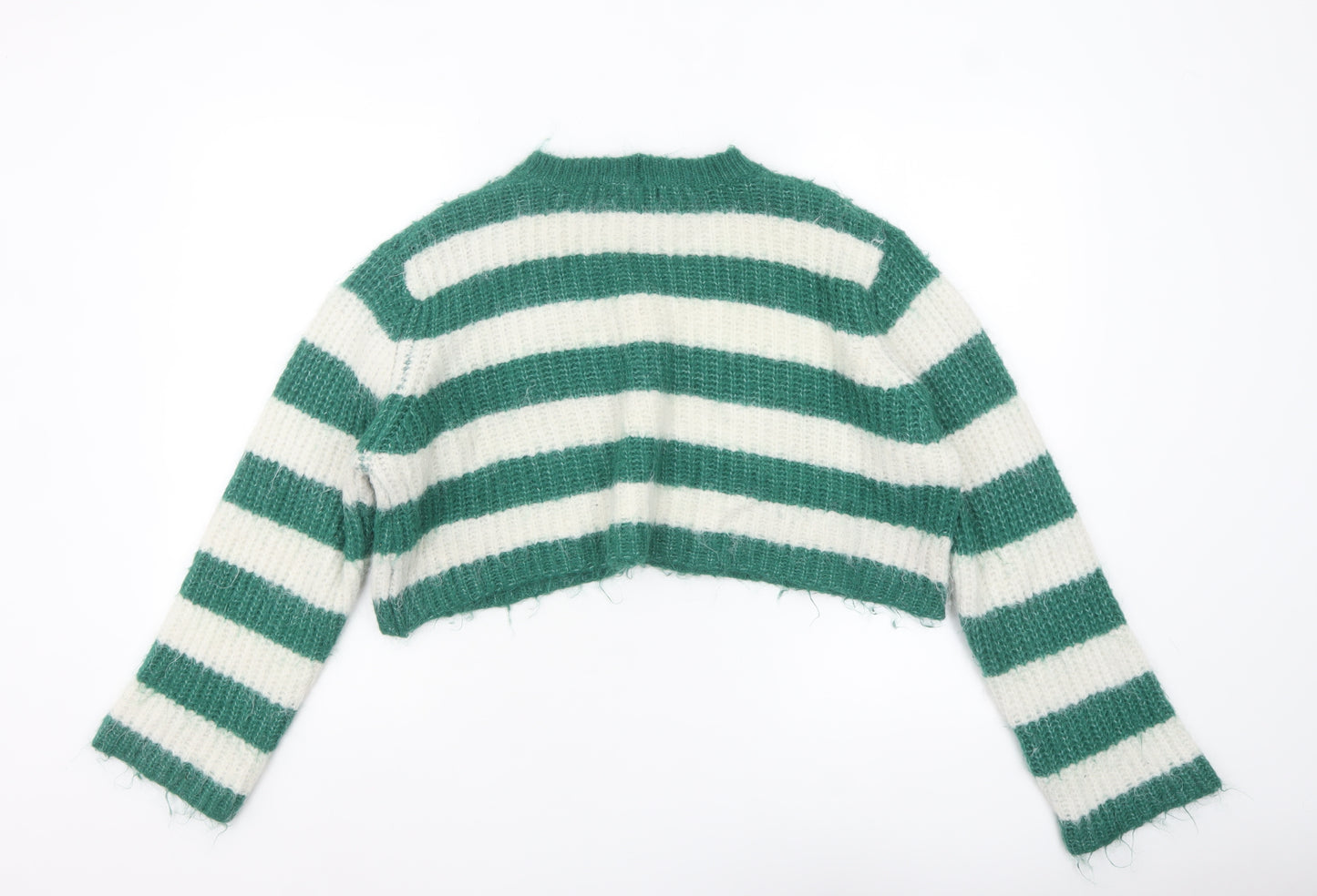 Bershka Women Green White Striped Chunky Knit Cropped Jumper Size 12