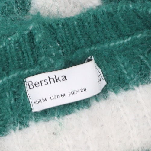Bershka Women Green White Striped Chunky Knit Cropped Jumper Size 12
