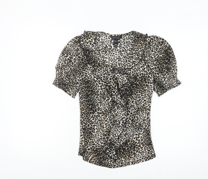 New Look Women's Brown Leopard Print Ruffle Wrap Blouse Size 6