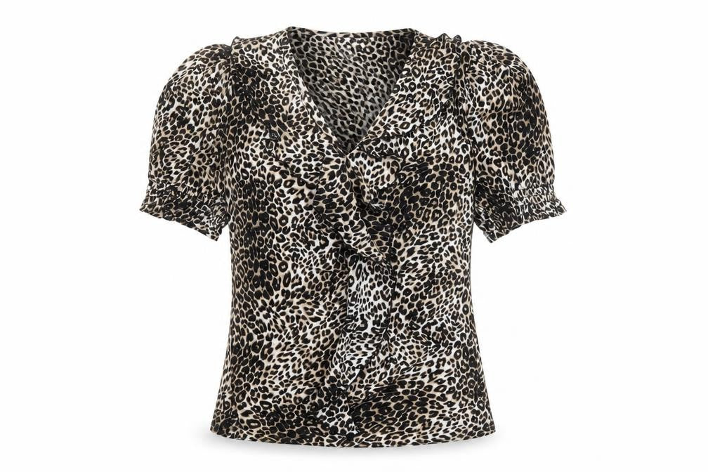 Front view of New Look Women's Brown Leopard Print Ruffle Wrap Blouse, size 6