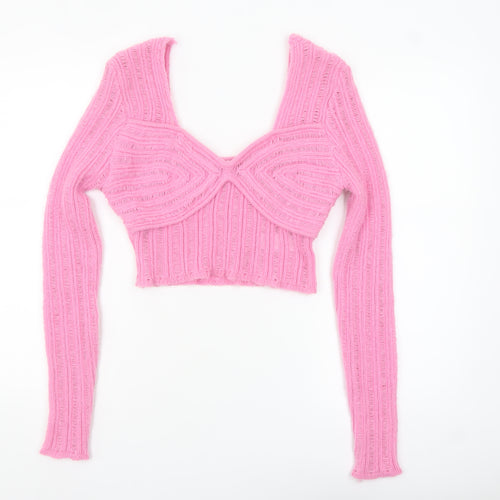 Nasty Gal Womens Pink V-Neck Long Sleeve Knit Cropped Jumper M