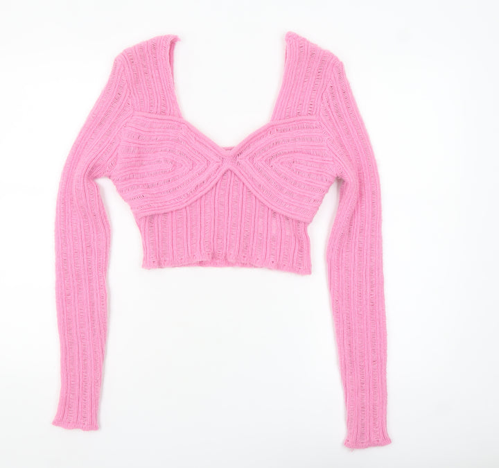 Nasty Gal Womens Pink V-Neck Long Sleeve Knit Cropped Jumper M