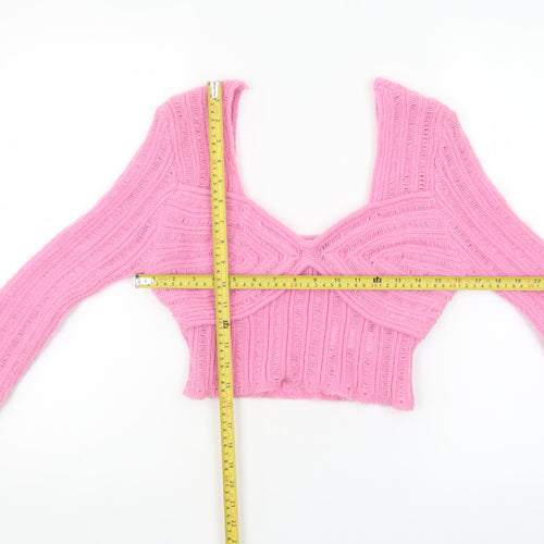 Nasty Gal Womens Pink V-Neck Long Sleeve Knit Cropped Jumper M