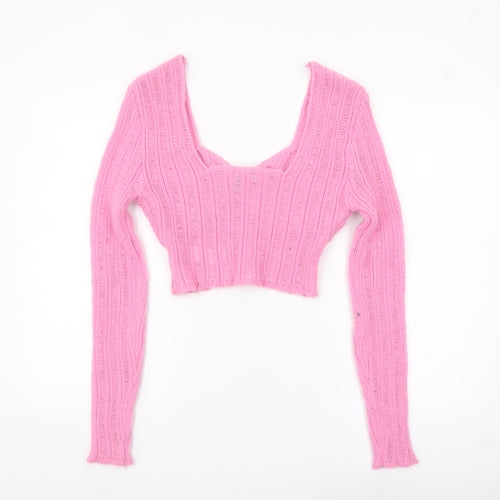 Nasty Gal Womens Pink V-Neck Long Sleeve Knit Cropped Jumper M