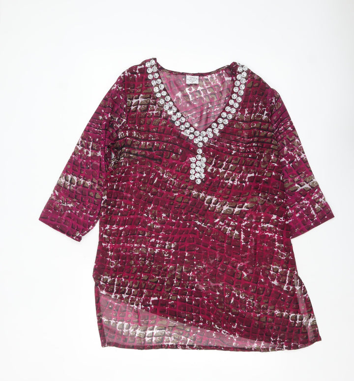 Island Expression Womens Pink Beaded V-Neck Tunic Blouse M