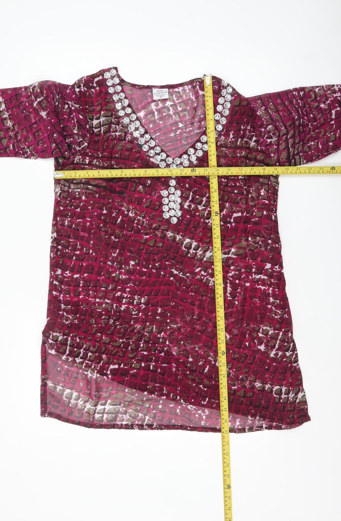 Island Expression Womens Pink Beaded V-Neck Tunic Blouse M