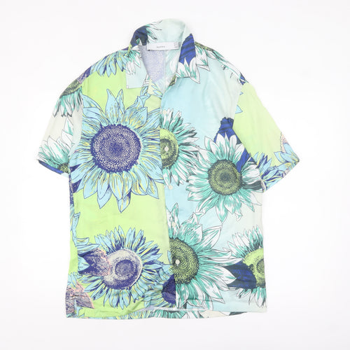 Bershka Men's XS Blue Floral Button-Up Shirt Summer Casual