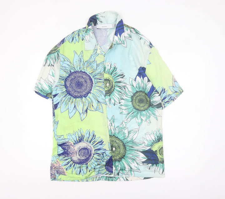 Bershka Men's XS Blue Floral Button-Up Shirt Summer Casual