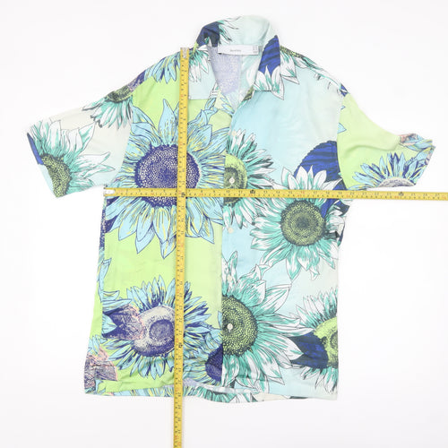 Bershka Men's XS Blue Floral Button-Up Shirt Summer Casual
