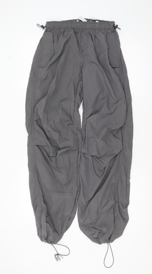 Bershka Womens Grey XS Jogger Cargo Trousers 100% Nylon Elastic Waist Drawstring Hem