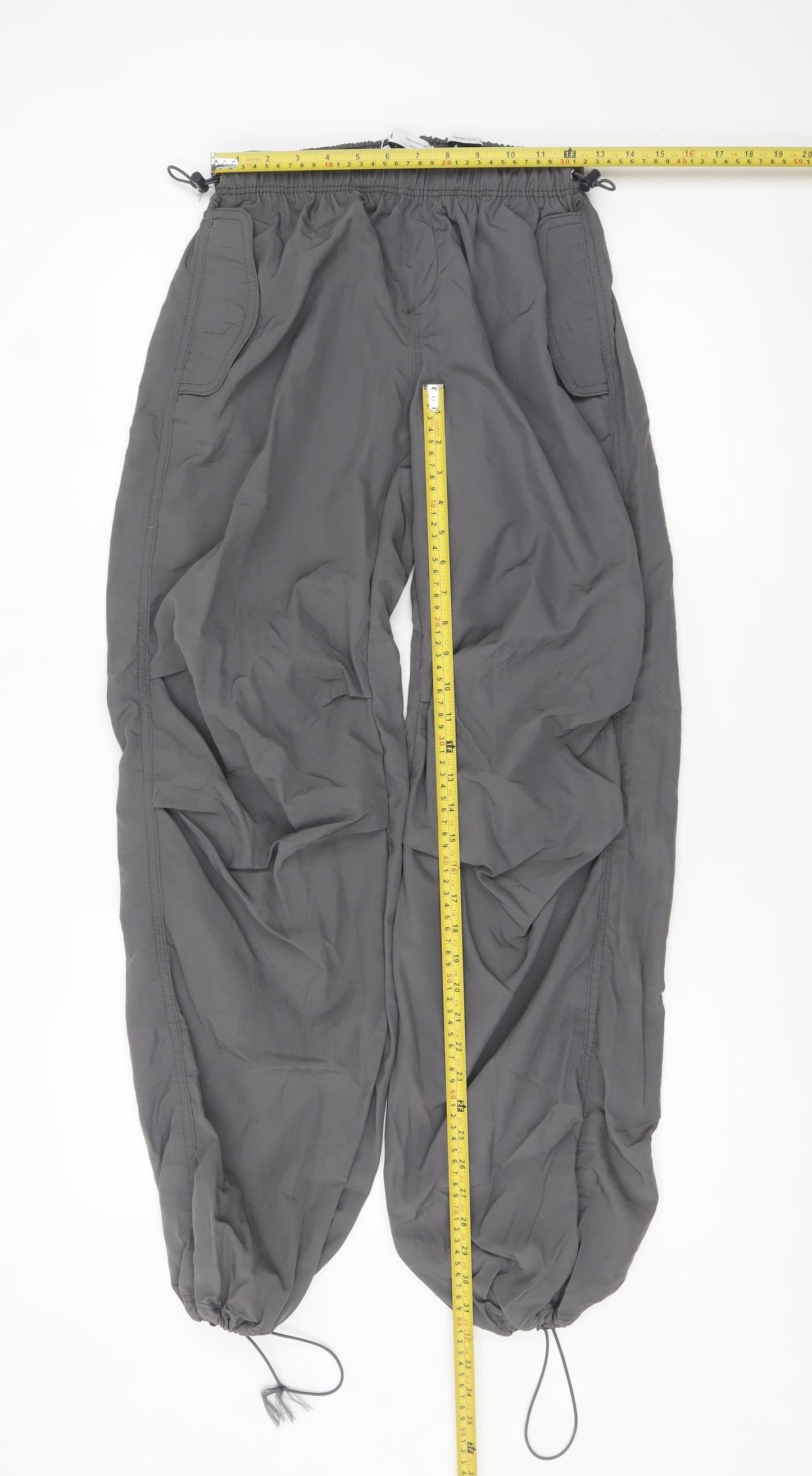 Bershka Womens Grey XS Jogger Cargo Trousers 100% Nylon Elastic Waist Drawstring Hem