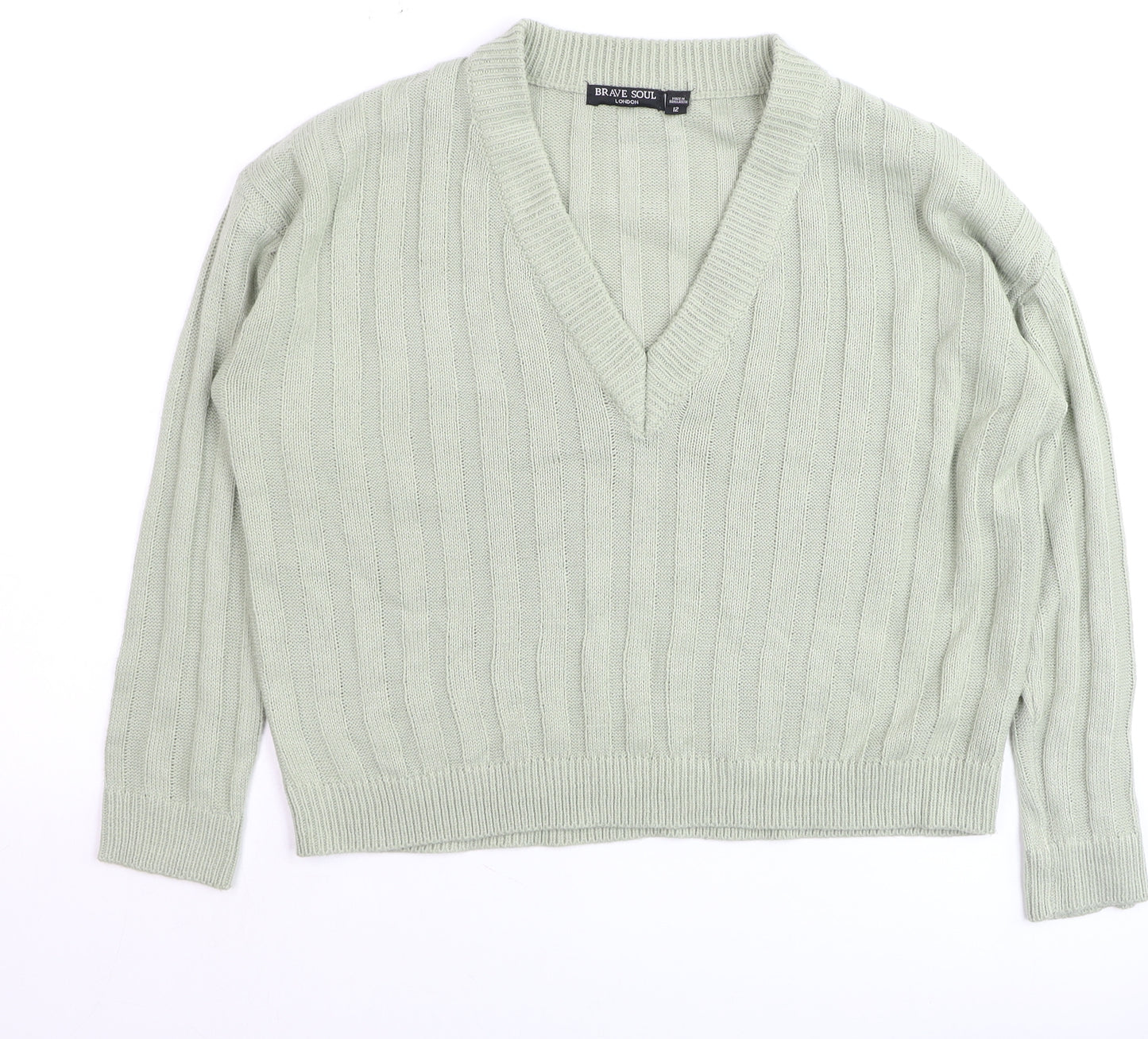 Brave Soul Women’s Green V-Neck Ribbed Knit Jumper Size 12