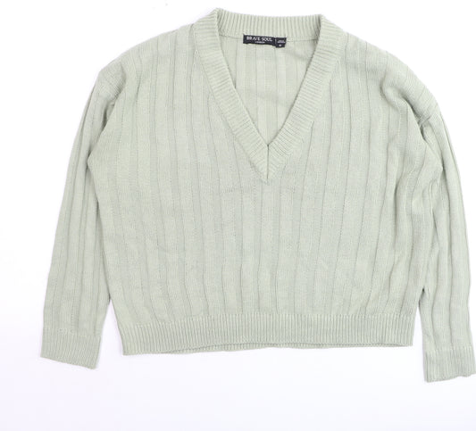Brave Soul Women’s Green V-Neck Ribbed Knit Jumper Size 12