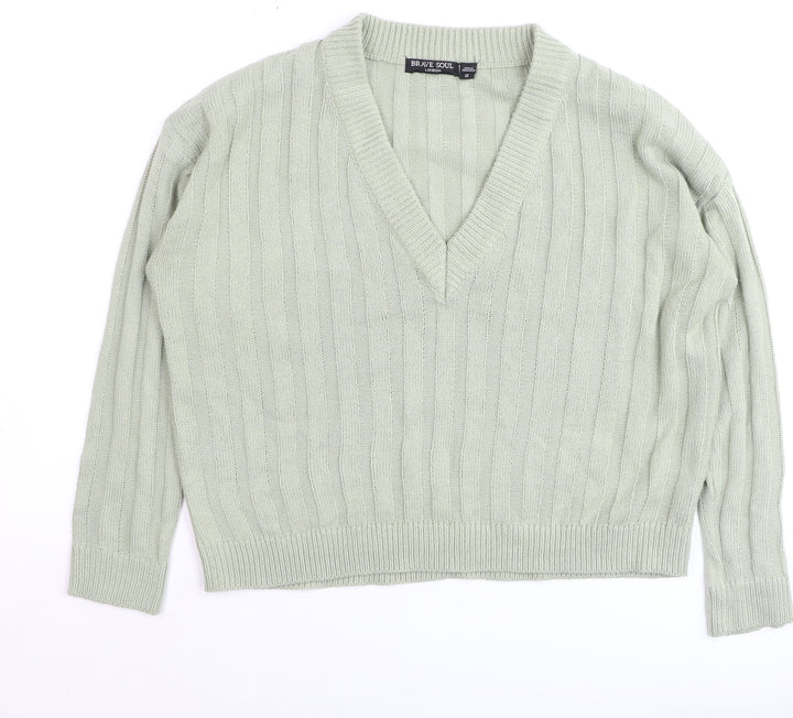 Brave Soul Women’s Green V-Neck Ribbed Knit Jumper Size 12