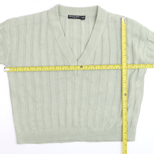 Brave Soul Women’s Green V-Neck Ribbed Knit Jumper Size 12