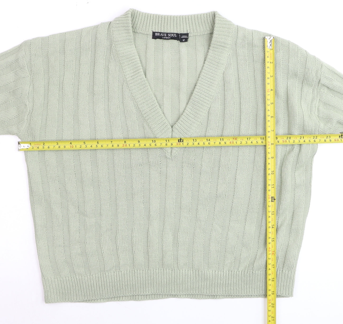 Brave Soul Women’s Green V-Neck Ribbed Knit Jumper Size 12