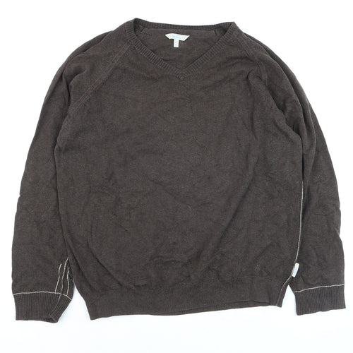 Fishbone Men Brown Cotton V-Neck Pullover Jumper Size L