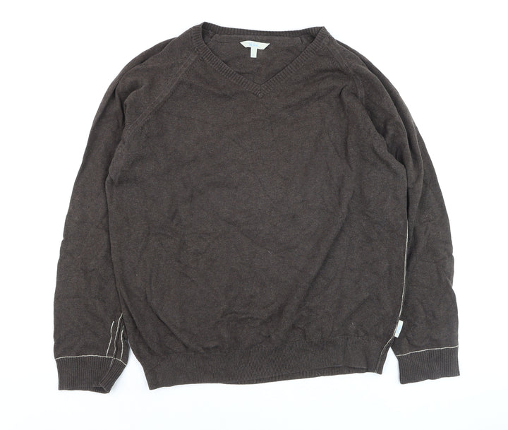 Fishbone Men Brown Cotton V-Neck Pullover Jumper Size L